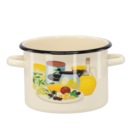 Smaltovaný hrniec 3 l, priemer 18 cm, krémový s olivovým motívom