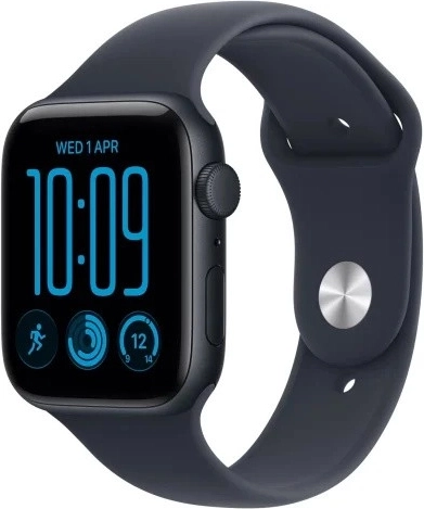 Apple Watch SE 3 GPS 44 mm s hliníkovým puzdrom vo farbe polnoci a tmavomodrým športovým remienkom M/L