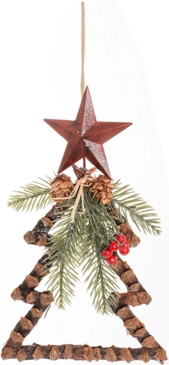 Závesná dekorácia stromček s hviezdou a prírodným zdobením 32 cm