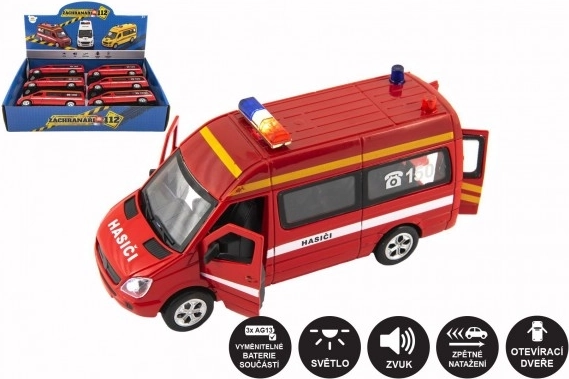 Hasičské auto kov/plast 15 cm so svetlom a zvukom na spätné naťahovanie