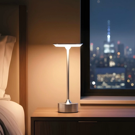 Strieborná nabíjateľná stolová lampa s nastaviteľnou farbou svetla