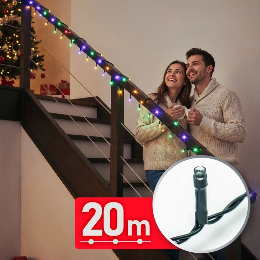 Farebná LED svetelná reťaz 20 m, 400 LED so zeleným káblom