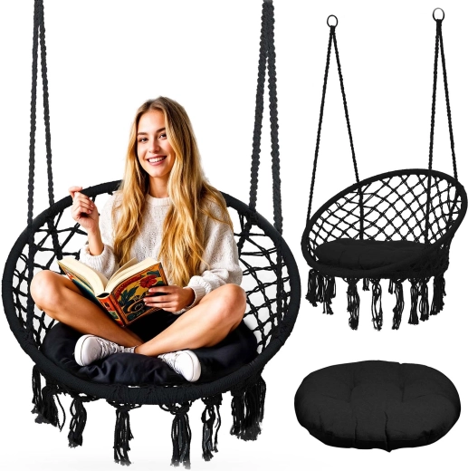 Závesné kreslo boho čierne s vankúšom