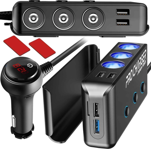 Automobilový rozdeľovač zásuvky zapaľovača s 3 zásuvkami a 4 USB portmi