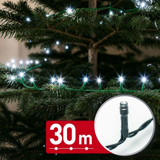 LED svetelná reťaz 30 m 600 LED studená biela so zeleným káblom
