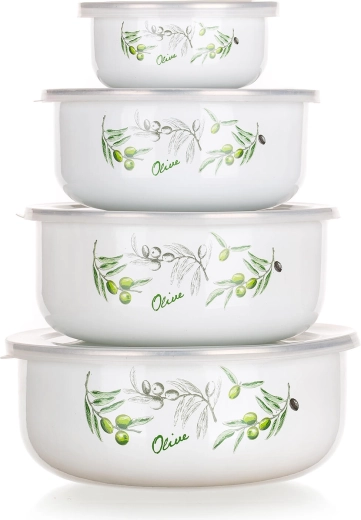 Sada smaltovaných misiek s viečkami OLIVES, 4 ks (10–18 cm)