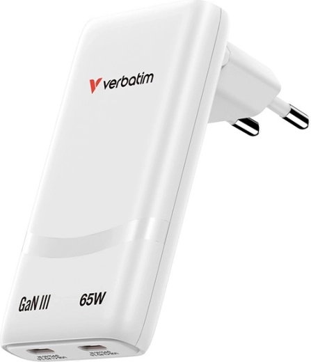 Verbatim Fold n Go GaN nabíjačka 65 W, 2× USB‑C (PD 3.0, PPS), biela