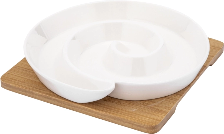 Porcelánová delená servírovacia miska s bambusovou podstavou, krémová