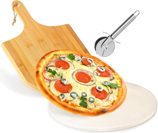 Šamotový kameň na pizzu s bambusovou lopatou a nerezovým krájačom, 3-dielna sada