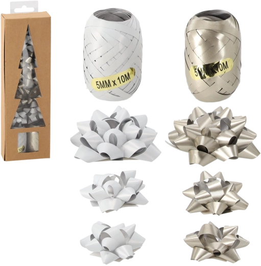 Vianočná sada na balenie darčekov – strieborná/biela (2 stuhy + 7 mašlí)