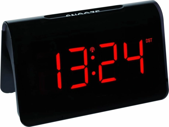 TFA ICON digitálny rádiom riadený budík s veľkými LED číslicami, čierno‑červený