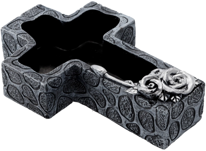 Cementový cintorínsky kvetináč v tvare kríža, tmavosivý so striebornými detailmi 28 × 18 × 7,5 cm