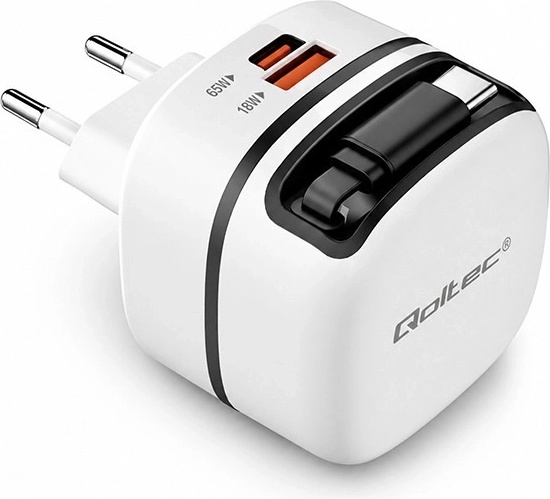 Qoltec GaN sieťová nabíjačka 65 W USB‑C PD PPS s výsuvným káblom