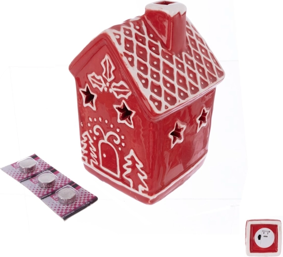 Keramický vianočný domček s LED osvetlením červený 12 cm