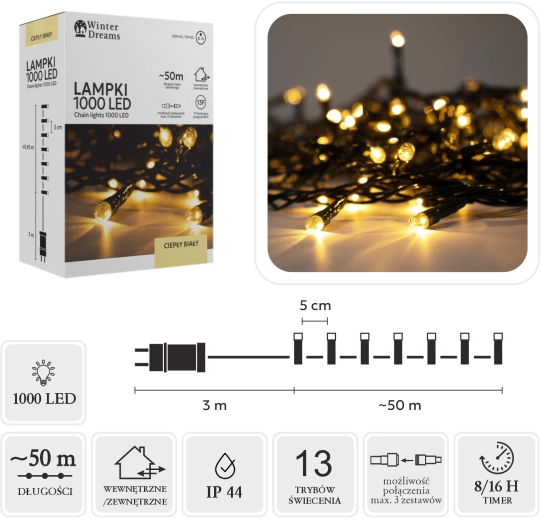 LED svetelná reťaz s 1000 diódami, teplá biela, 50 m