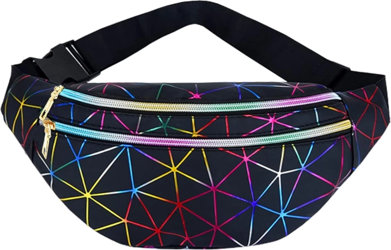 Unisex ľadvinka s holografickým geometrickým vzorom, 3 vrecká, nastaviteľný popruh