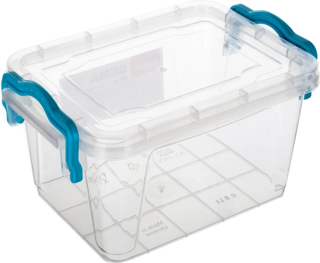 Úložný box Gema 0,8 l s vekom a klipmi, transparentný/tmavotyrkysový