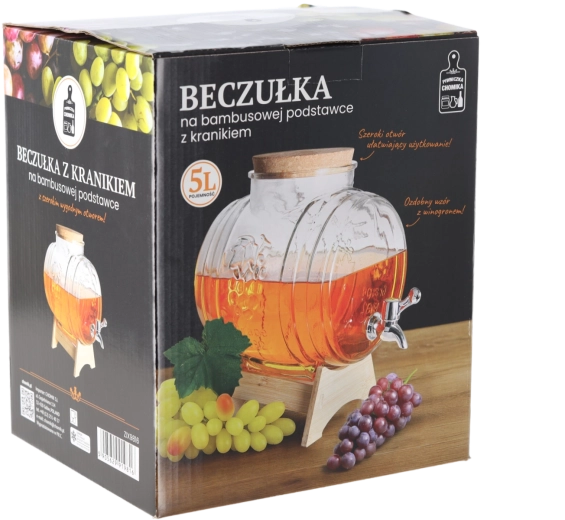 Beczułka sklenený dispenzer na nápoje Winogrono 5 l s bambusovým stojanom
