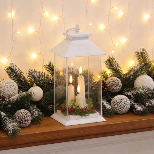 Biela LED lucerna s tromi sviečkami a časovačom 14 × 14 × 27 cm