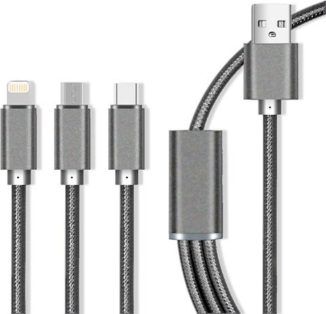 Maxlife nylonový kábel 3v1 s rýchlym nabíjaním 2.1 A – Lightning/USB‑C/microUSB, sivý