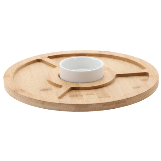 Bambusový servírovací tanier s porcelánovou miskou, 4 sekcie, 28 cm