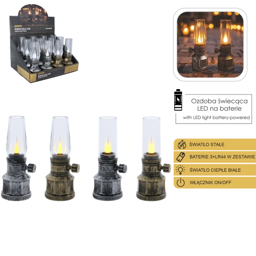 LED sviečka – imitácia petrolejovej lampy 14 cm, mix farieb