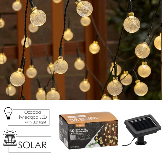 Solárny záhradný svetelný reťazec Bubble 50 LED teplá biela 9,35 m