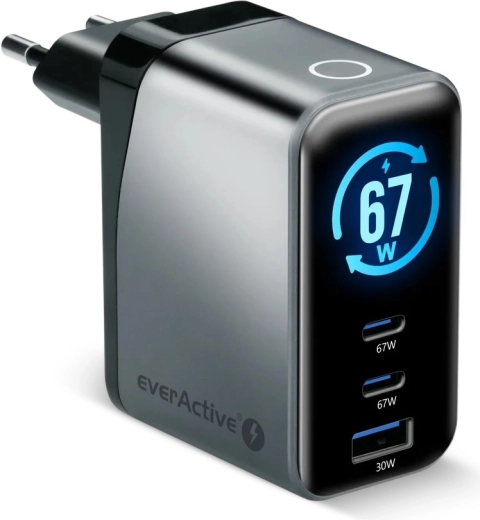 EverActive GaN nabíjačka 67 W s LCD (2× USB-C + USB-A)
