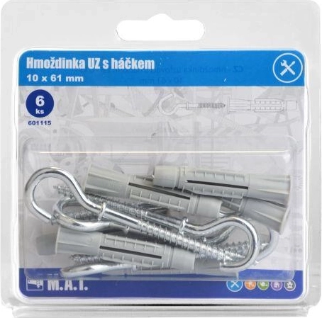 Uzlovacia hmoždinka s háčikom 10 × 61 mm, biely zinok, 6 ks