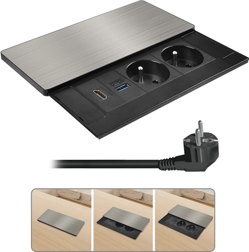 Solight vstavaný blok zásuviek s posuvným krytom, HDMI a USB nabíjaním 20 W PD, strieborný