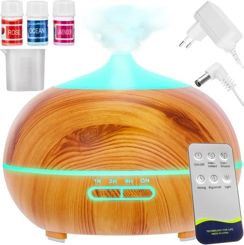 Aroma difuzér a ultrazvukový zvlhčovač 400 ml s ionizáciou a LED, diaľkové ovládanie + 3 oleje