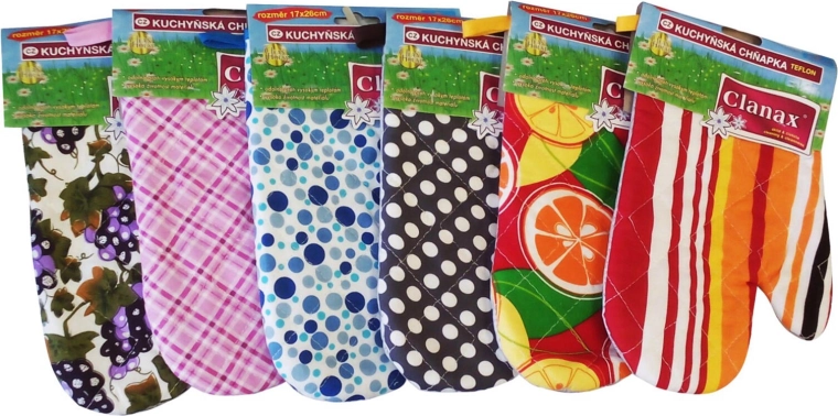 Kuchynská chňapka z bavlny a teflónu s magnetom a pútkom, pravá, mix motívov