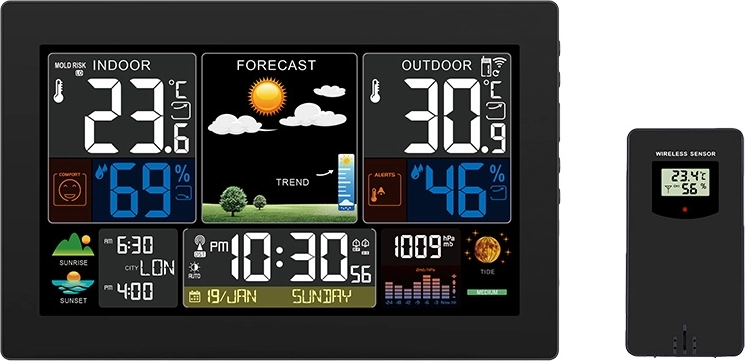 Solight meteostanica s XL farebným LCD displejom, teplota, vlhkosť, tlak, RCC, čierna