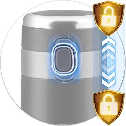 Tesniace viečko s poistkou a ovládaním jednou rukou