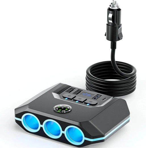 Rozbočovač do autozapaľovača RENEW FORCE 120 W s rýchlym nabíjaním (3× zásuvka, 3× USB QC 3.0, USB‑C PD) – 1 kus