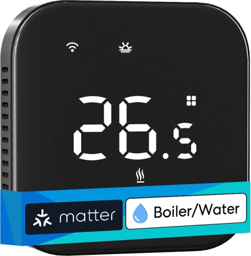 Inteligentný Wi‑Fi termostat Meross pre vodné vykurovanie s Matter, čierny