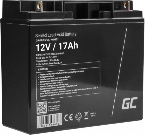 Bezúdržbová AGM batéria GREEN CELL 12 V 17 Ah pre kosačky, skútre, člny a invalidné vozíky