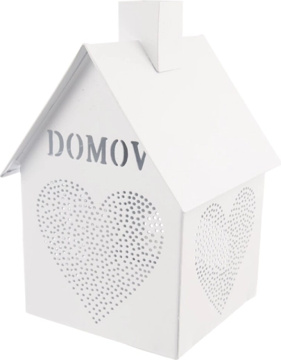 Biely kovový svietnik domček so srdcom „Domov“ 17 cm