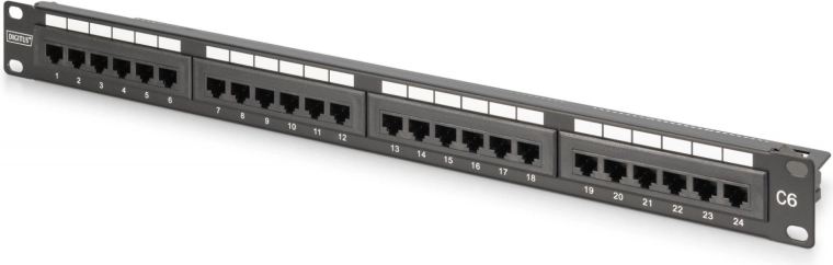 Patch panel 19" 24× RJ45 Cat 6, nezatienený, 1U, LSA, vedenie káblov, popisové polia, čierny