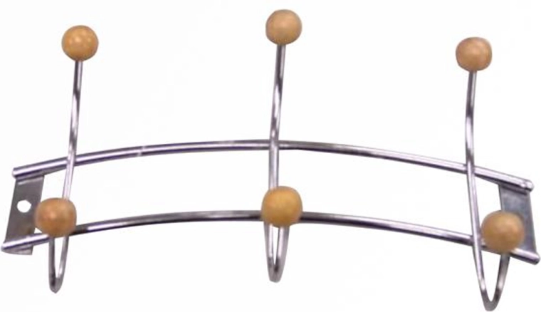 Nástenný vešiak s 3 háčikmi, chróm/drevo, 21 × 11,5 cm