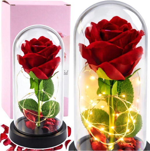 Večná červená ruža v sklenenej kupole s LED osvetlením 21 cm