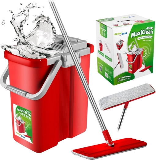 Plochý mop s vedrom a žmýkačom GreenBlue MaxiClean, 2× mikrovláknové návleky