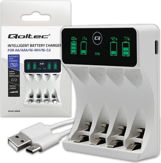 Nabíjačka pre akumulátory Ni‑MH AA/AAA s LCD a káblom USB‑C, biela