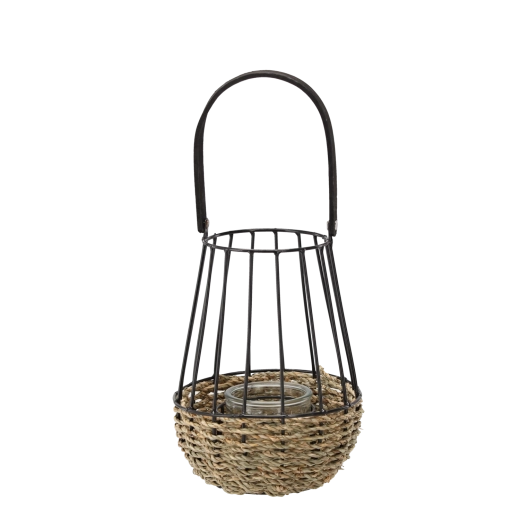Kovový lampáš čierno‑hnedý so sklenenou vložkou 22 × 37 cm