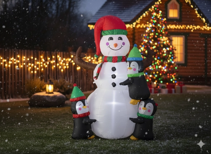 Nafukovací snehuliak s tučniakmi s LED osvetlením 190 cm