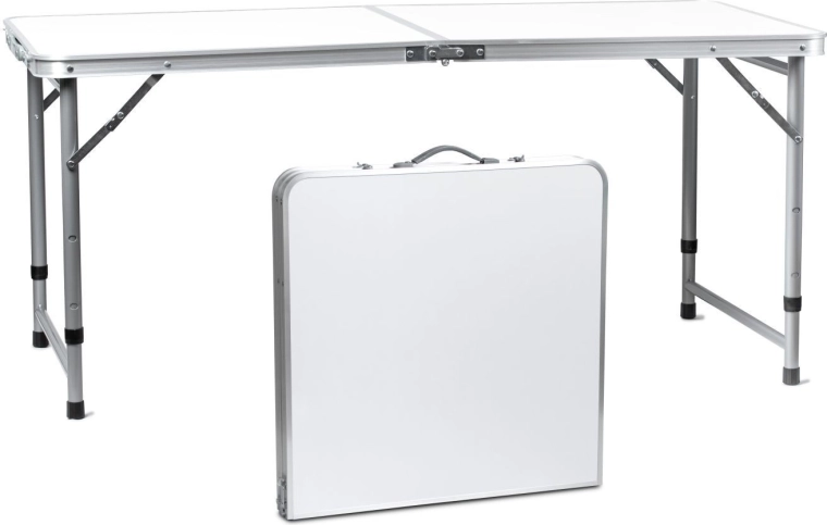 Skladací turistický stôl s madlom a nastaviteľnou výškou 120 × 60 cm, biely