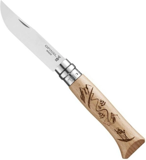 Opinel N°08 vreckový nôž s gravírovaním Ski, bukové drevo, 8,5 cm