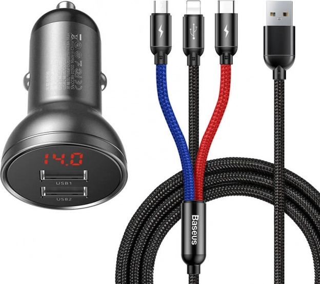 Baseus Nabíjačka Do Auta s Displejom a USB 3v1 Káblom 24W