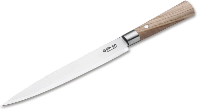Böker Manufaktur Solingen Damascus Olive krájací nôž 23 cm z damaškovej ocele s olivovým drevom