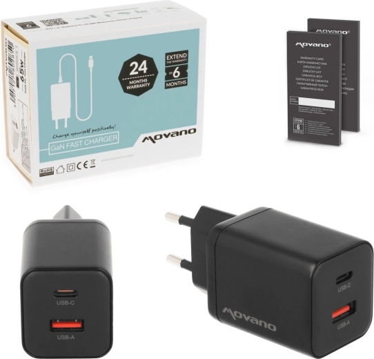 Sieťová nabíjačka Movano GaN 45 W USB-C PD + USB-A čierna
